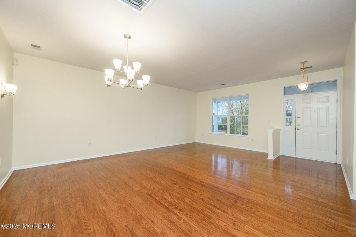 Chandelier, Empty room, Interior, Pendant Lights, Wood Texture Flooring