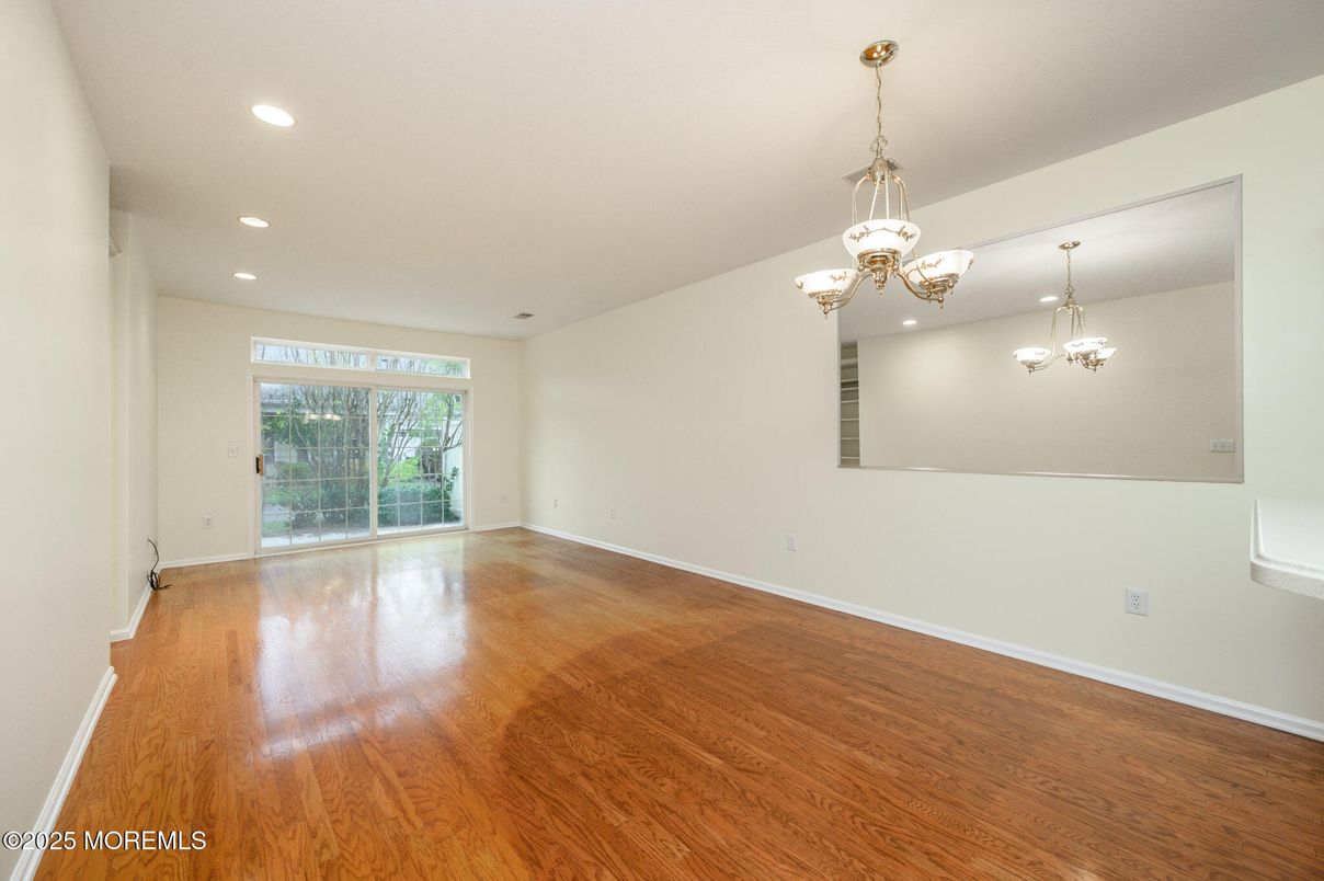 Chandelier, Empty room, Interior, Recessed Lighting, Wood Texture Flooring
