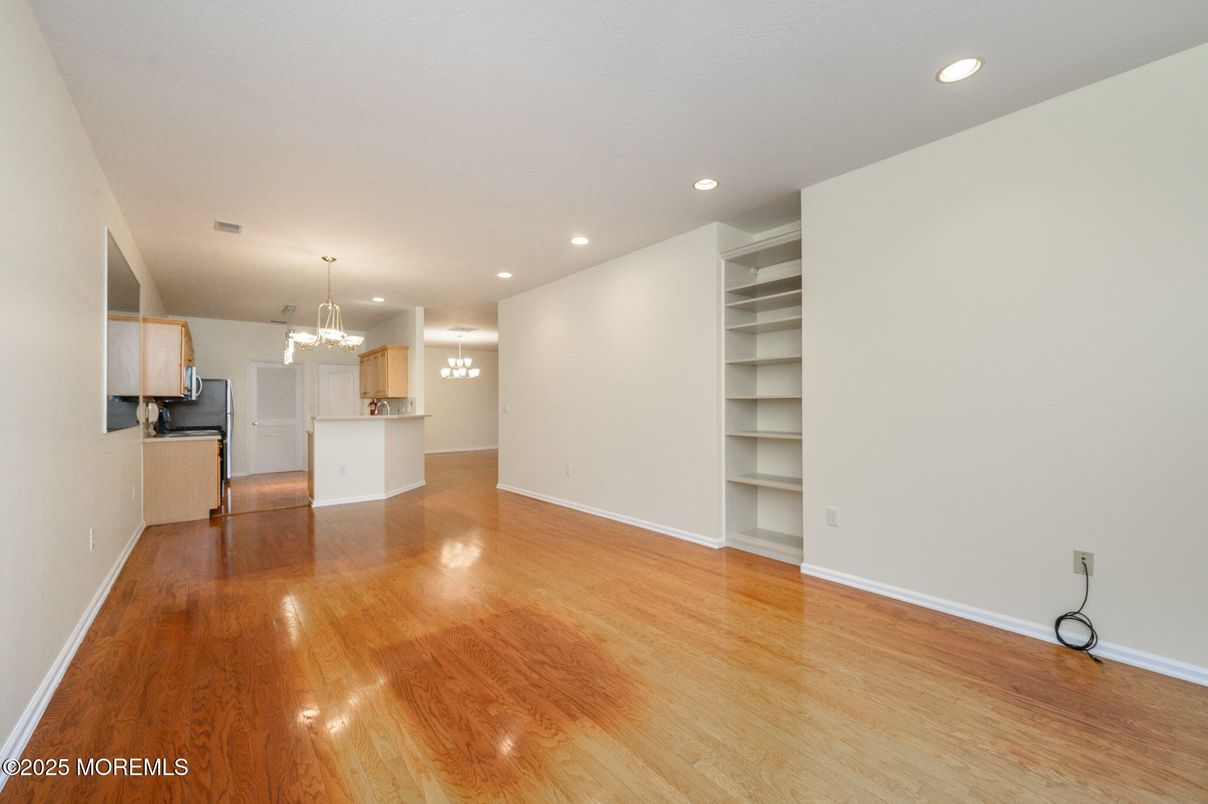 Chandelier, Empty room, Interior, Kitchen, Recessed Lighting, Wood Texture Flooring