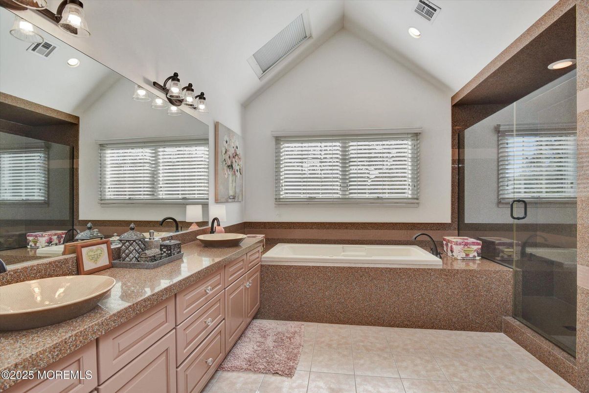 Bathroom, Dual Sink Vanities, Glass Shower, Interior, Recessed Lighting
