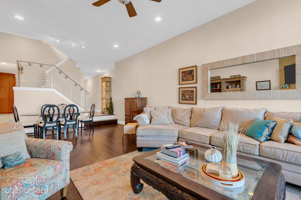 Dining room, Interior, Living room, Recessed Lighting, Wood Texture Flooring