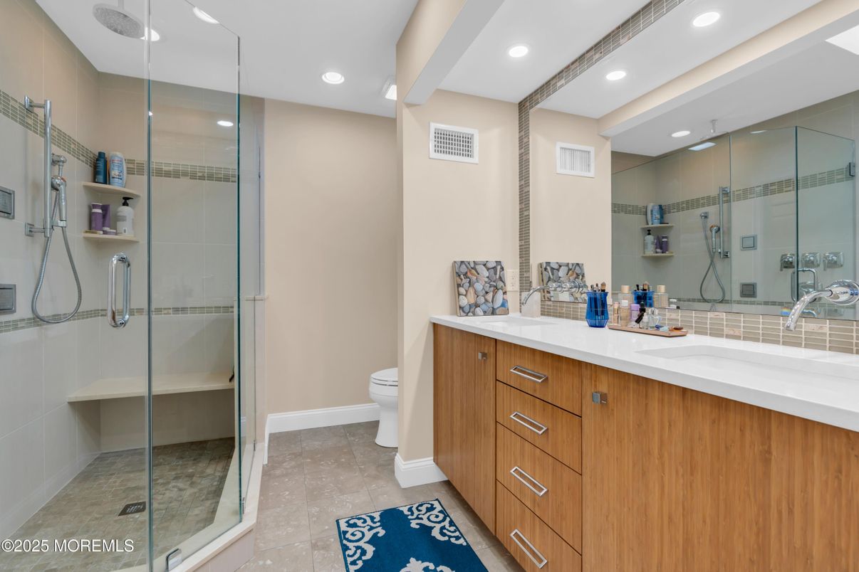 Bathroom, Dual Sink Vanities, Glass Shower, Interior, Recessed Lighting