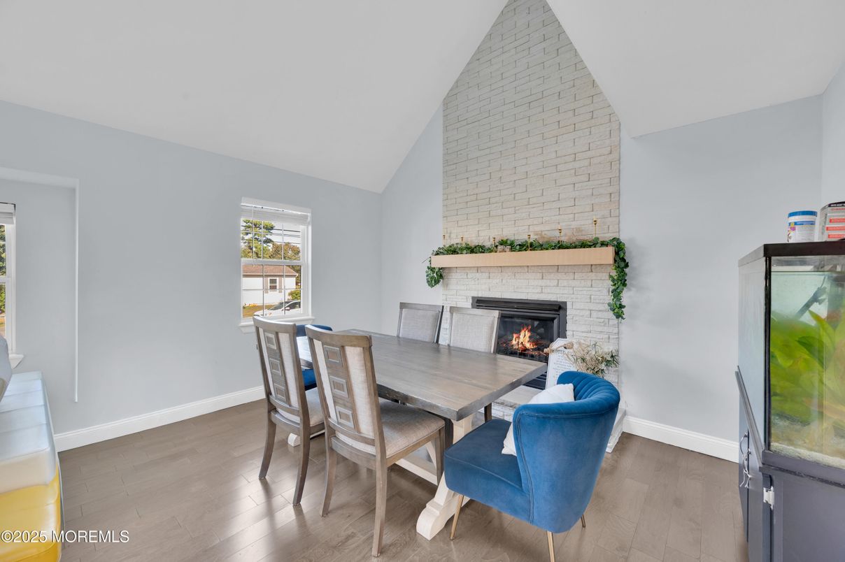 Dining room, Fireplace, Interior, Stone Walls, Wood Texture Flooring