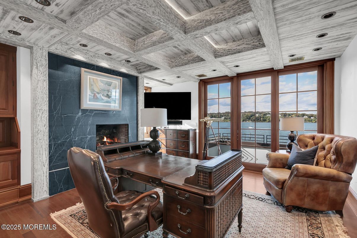 Fireplace, Home Office, Interior, Recessed Lighting, Water, Wood Texture Flooring