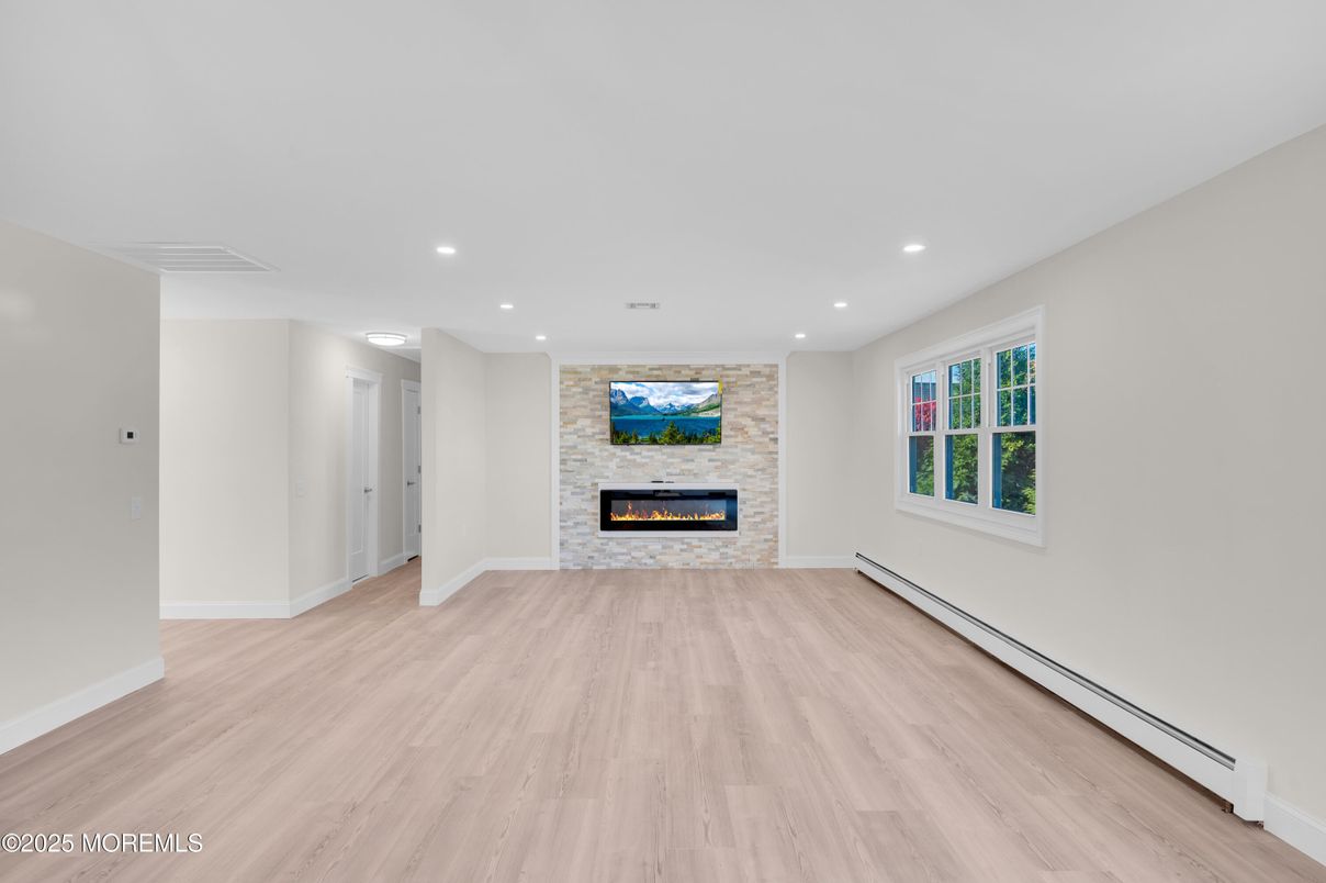 Empty room, Fireplace, Interior, Recessed Lighting, Wood Texture Flooring
