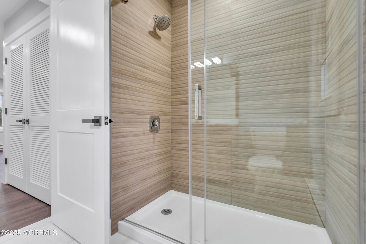 Bathroom, Glass Shower, Interior, Wood Texture Flooring