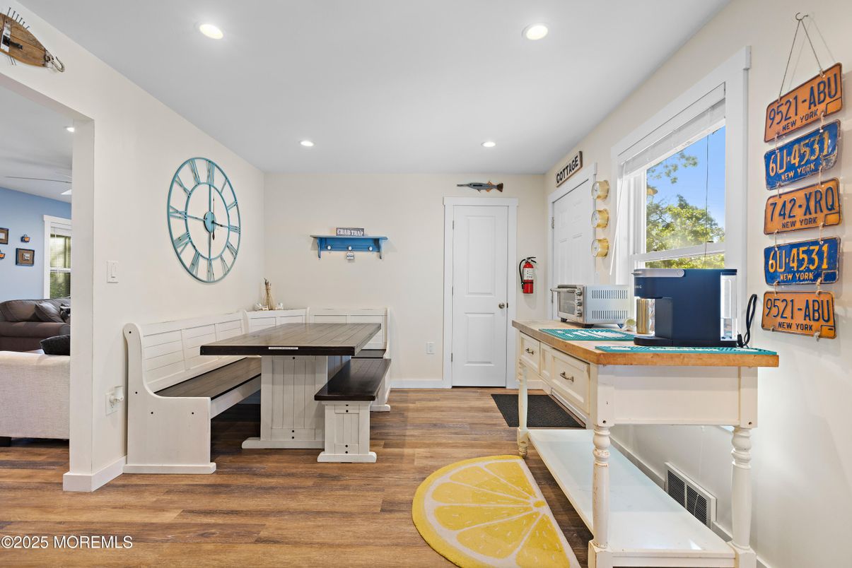 Dining room, Interior, Recessed Lighting, Wood Texture Flooring