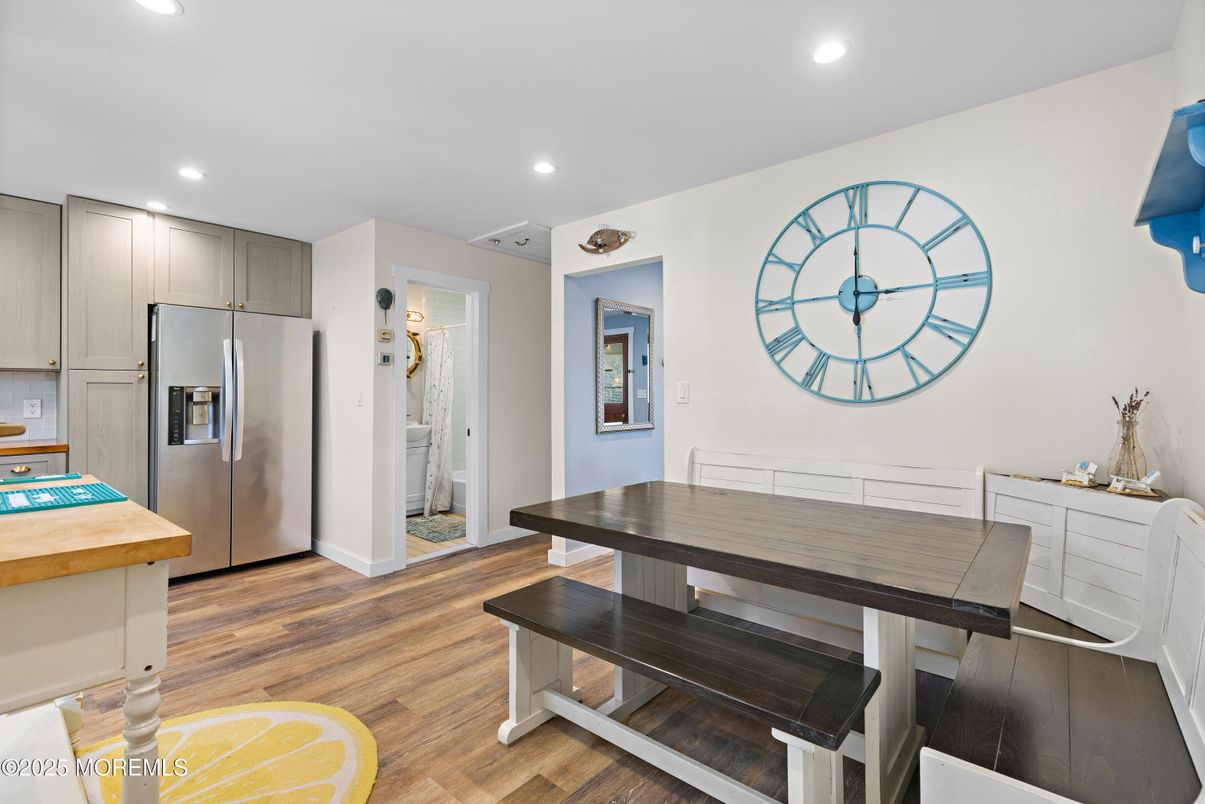 Dining room, Interior, Kitchen, Recessed Lighting, Stainless Steel Appliances, Wood Texture Flooring