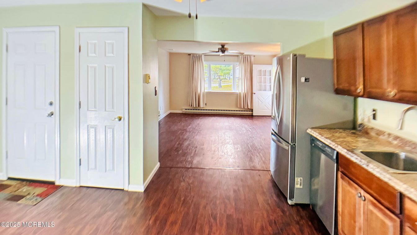 Interior, Kitchen, Tile Countertops, Wood Texture Flooring