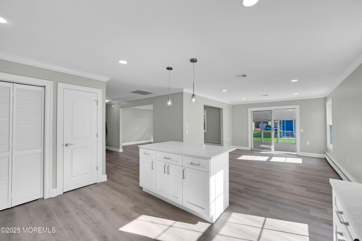 Empty room, Interior, Kitchen, Pendant Lights, Recessed Lighting, Wood Texture Flooring