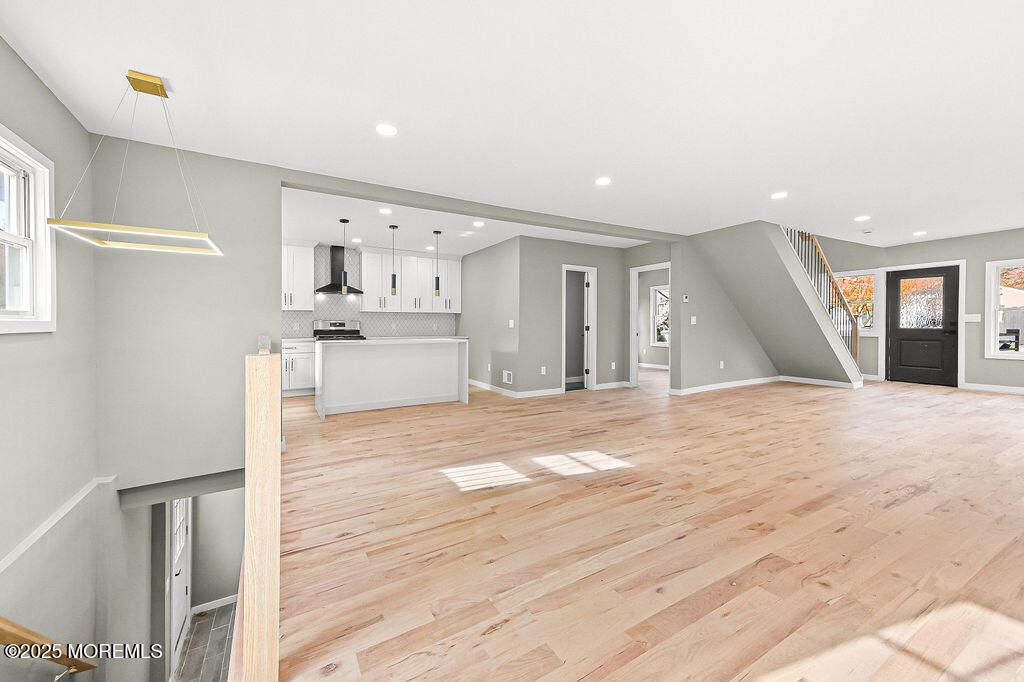 Empty room, Interior, Kitchen, Pendant Lights, Recessed Lighting, Wood Texture Flooring