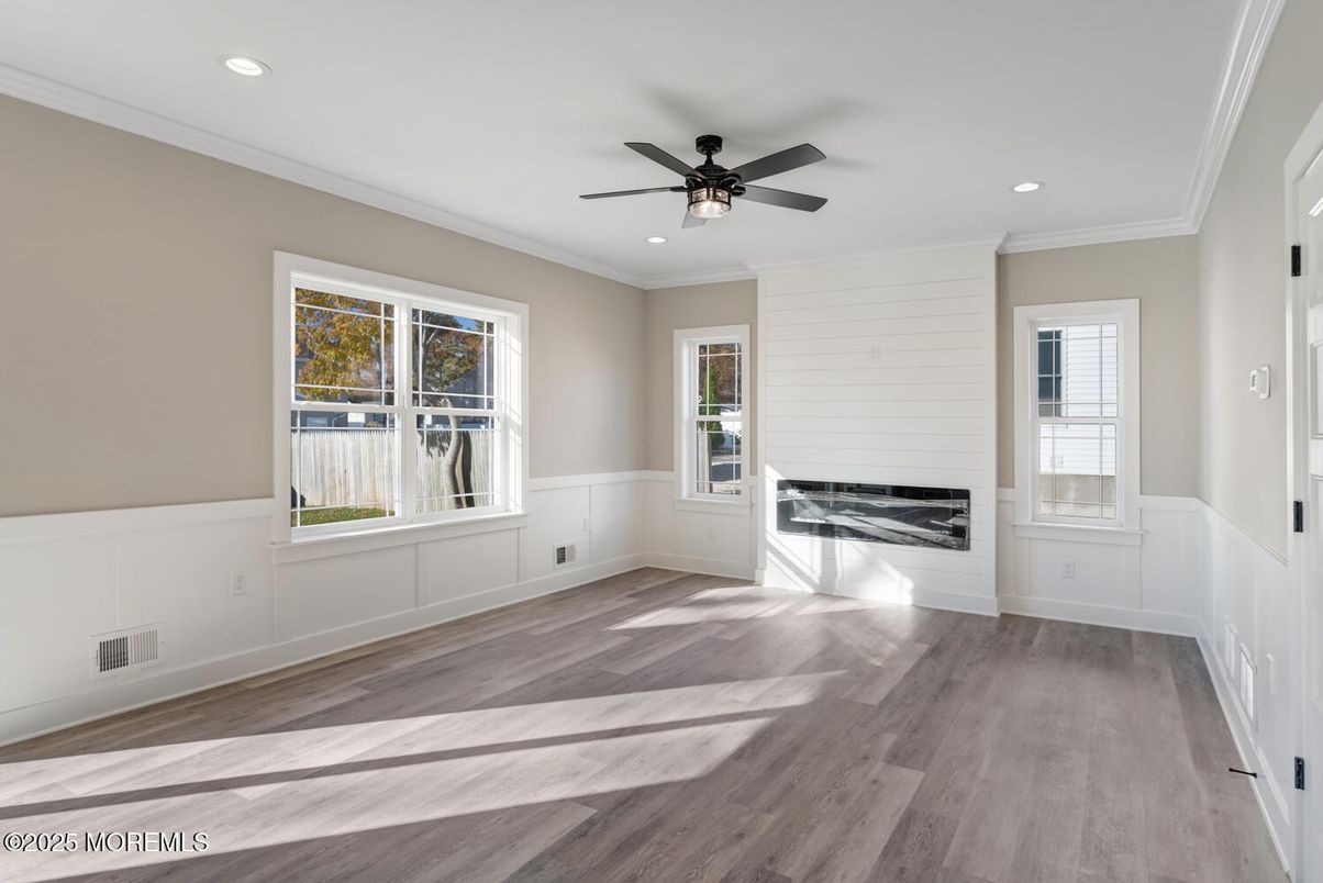 Empty room, Fireplace, Interior, Recessed Lighting, Wood Texture Flooring