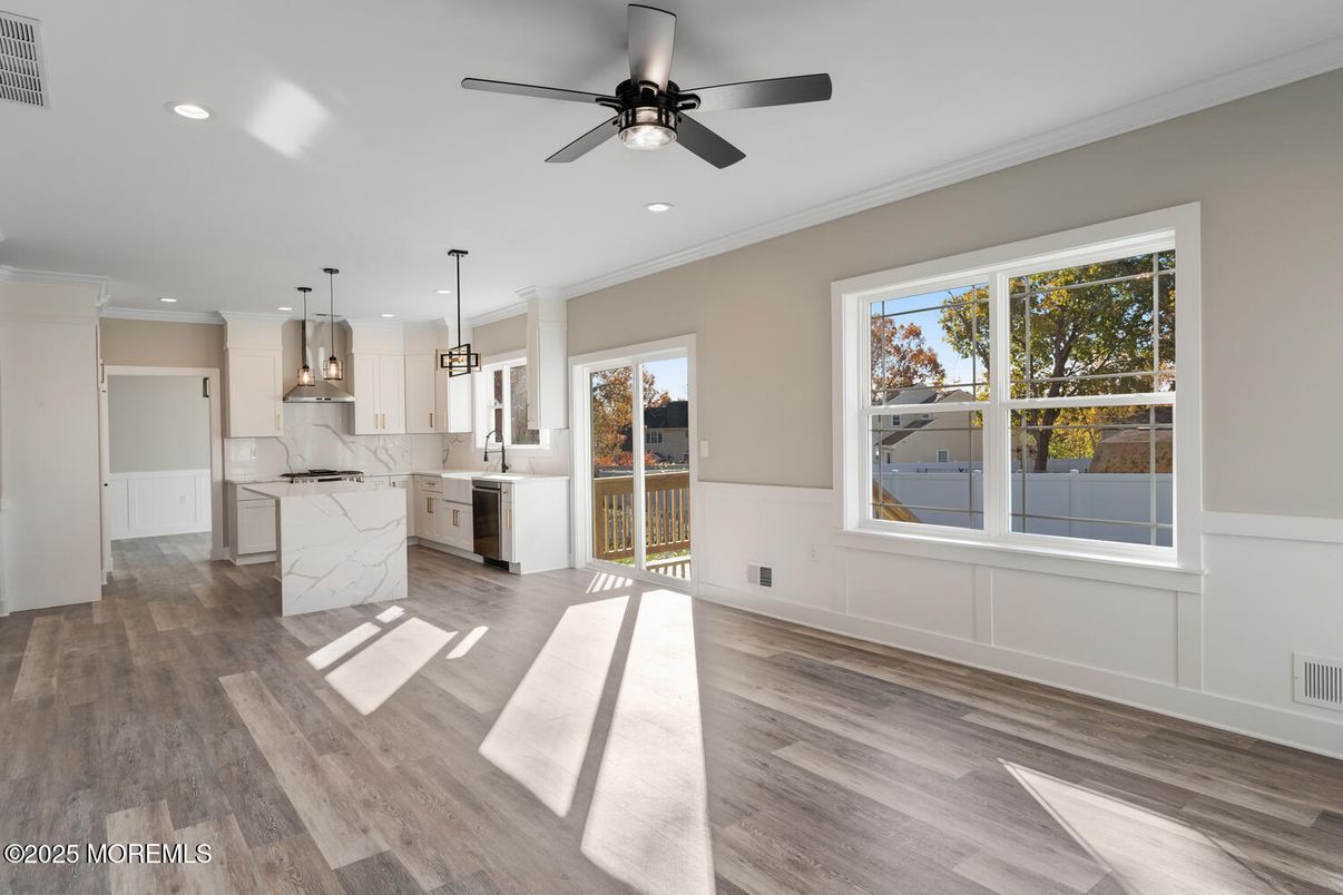 Interior, Kitchen, Pendant Lights, Recessed Lighting, Wood Texture Flooring
