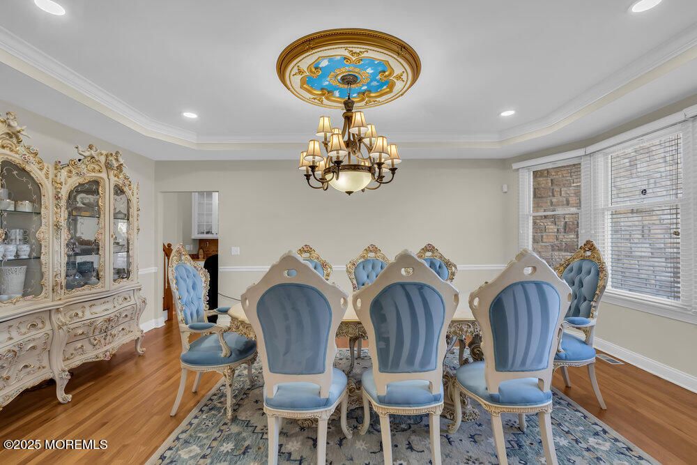 Chandelier, Dining room, Interior, Recessed Lighting, Wood Texture Flooring