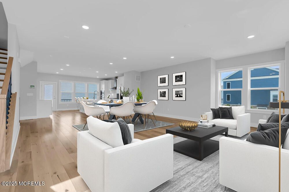 Dining room, Interior, Living room, Recessed Lighting, Wood Texture Flooring