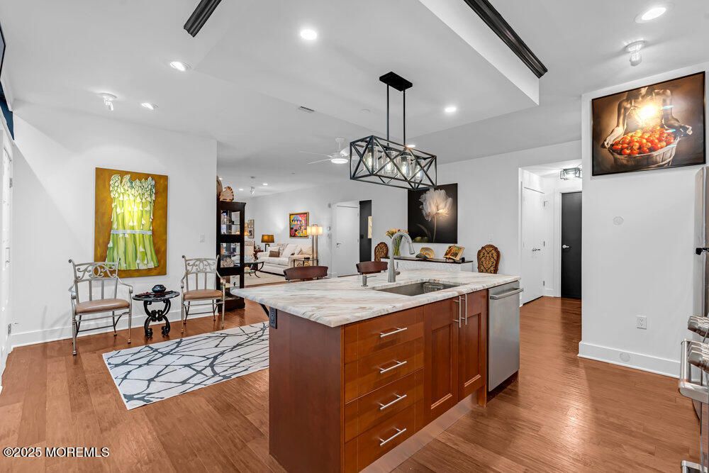 Interior, Kitchen, Pendant Lights, Recessed Lighting, Wood Texture Flooring