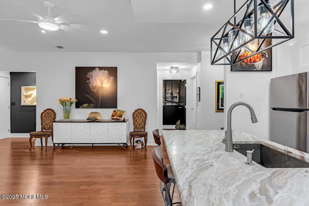 Dining room, Interior, Recessed Lighting, Wood Texture Flooring