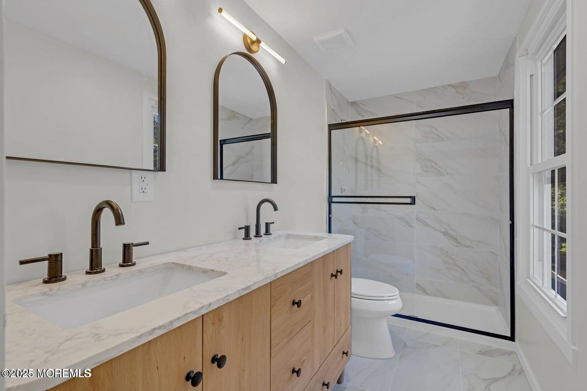 Bathroom, Dual Sink Vanities, Glass Shower, Interior, Marble, Marble Walls