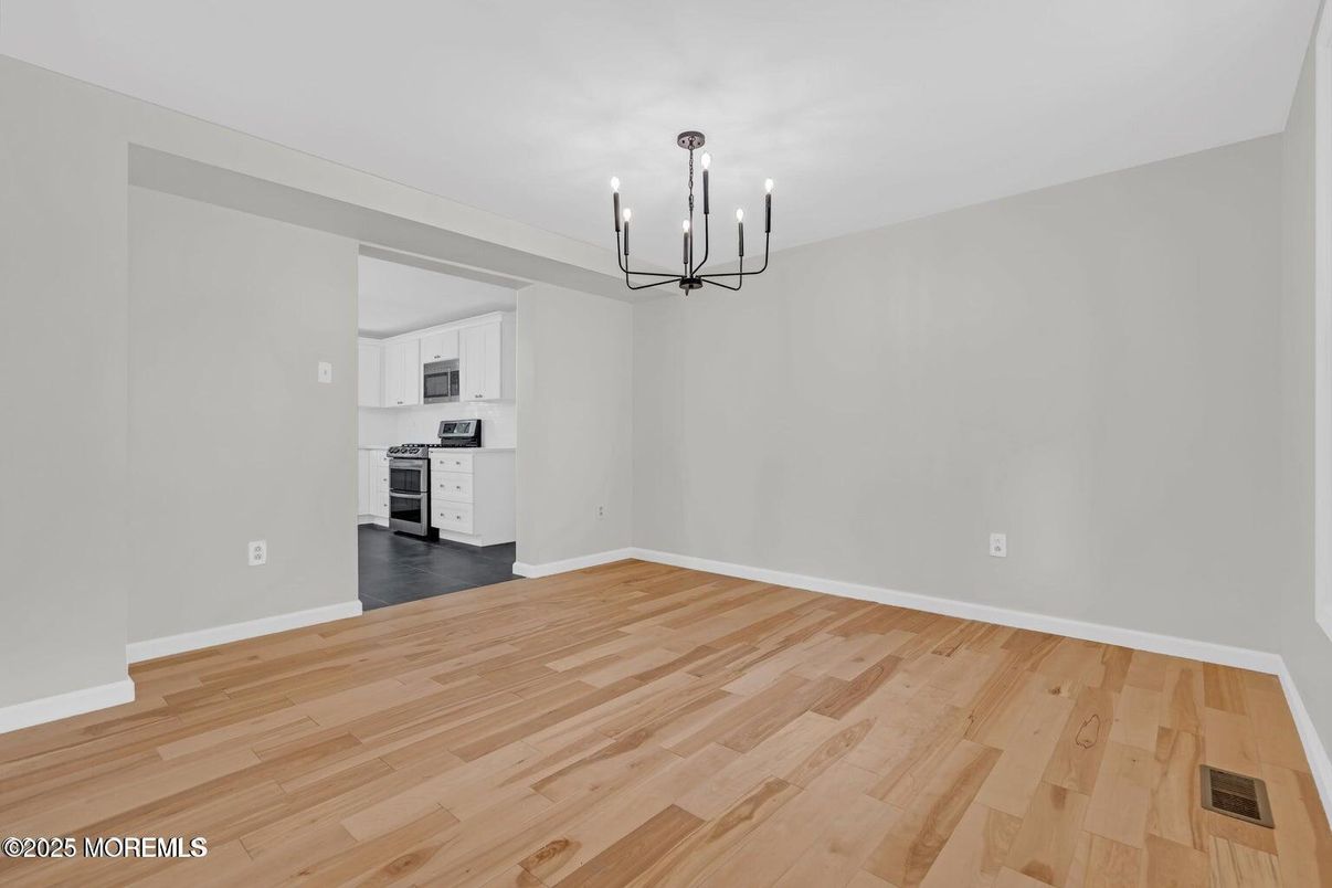 Empty room, Interior, Kitchen, Pendant Lights, Wood Texture Flooring