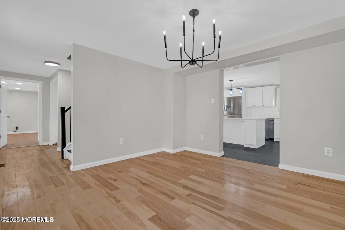 Chandelier, Empty room, Interior, Kitchen, Wood Texture Flooring