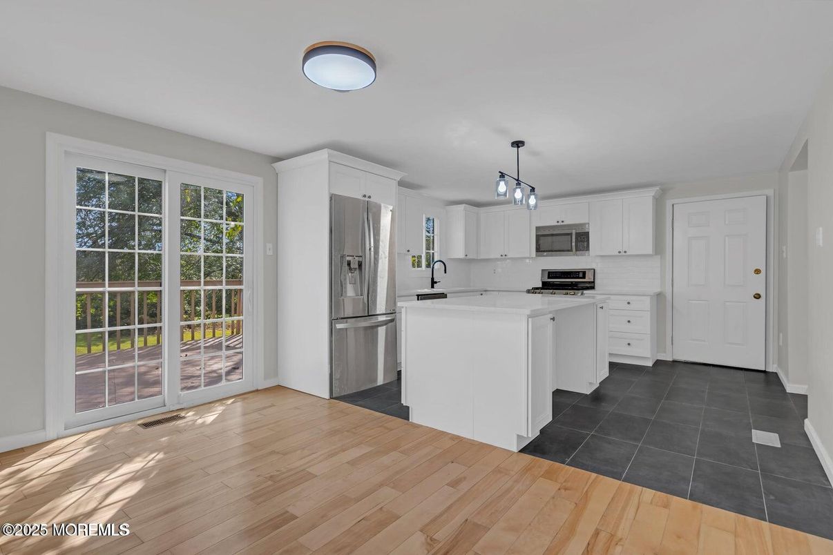 Interior, Kitchen, Pendant Lights, Stainless Steel Appliances, Wood Texture Flooring