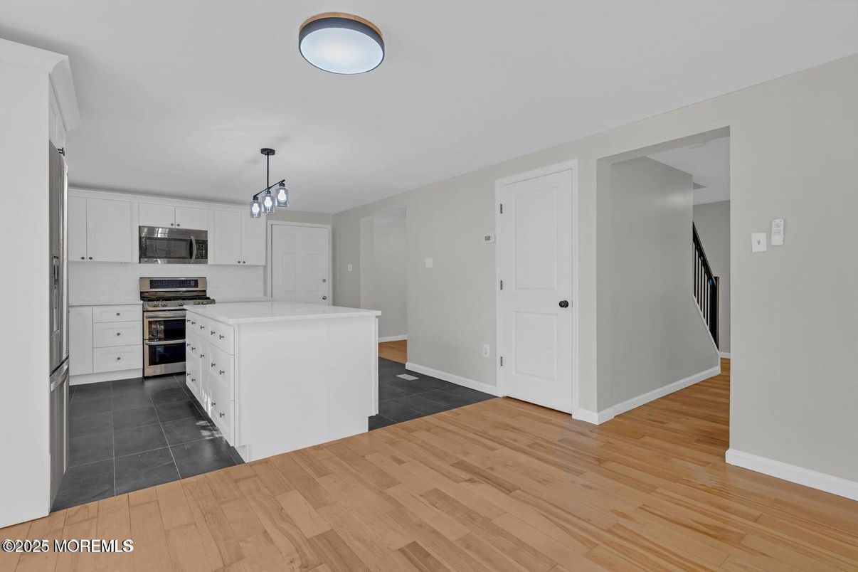 Interior, Kitchen, Pendant Lights, Stainless Steel Appliances, Wood Texture Flooring