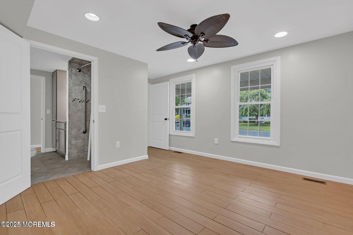 Bathroom, Empty room, Interior, Recessed Lighting, Wood Texture Flooring