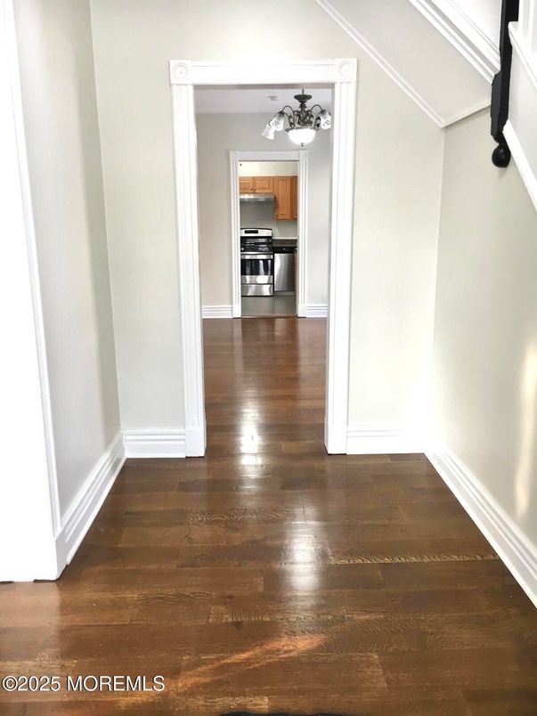 Empty room, Interior, Kitchen, Stainless Steel Appliances, Wood Texture Flooring