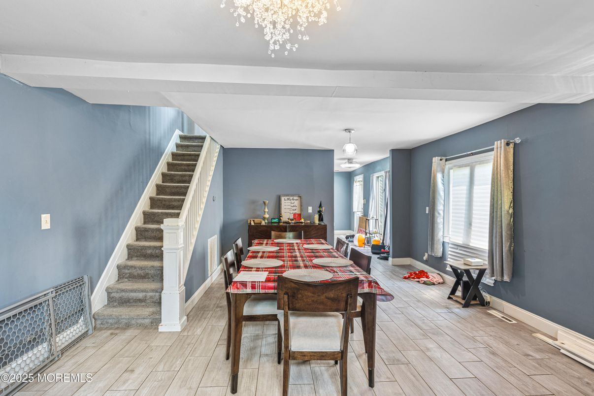 Dining room, Interior, Pendant Lights, Wood Texture Flooring