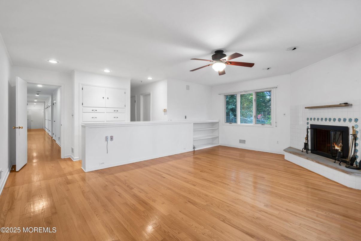 Empty room, Fireplace, Interior, Recessed Lighting, Wood Texture Flooring