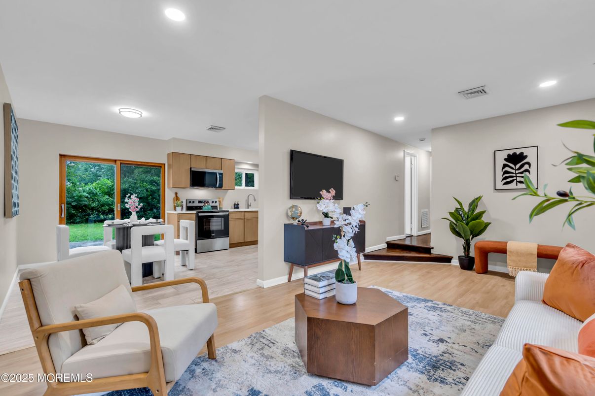 Interior, Kitchen, Living room, Recessed Lighting, Stainless Steel Appliances, Wood Texture Flooring