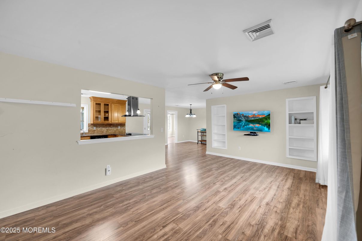 Empty room, Interior, Kitchen, Pendant Lights, Wood Texture Flooring