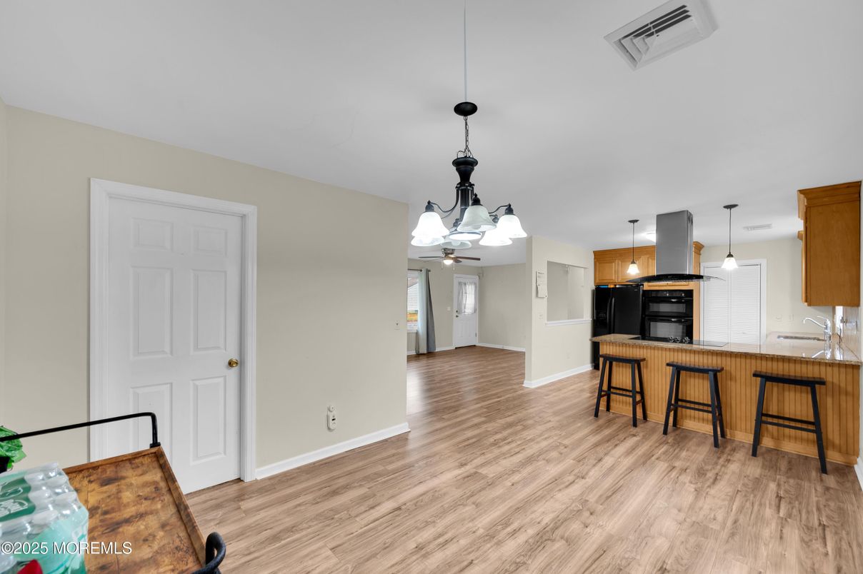 Chandelier, Interior, Kitchen, Pendant Lights, Wood Texture Flooring