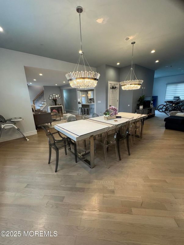 Dining room, Interior, Pendant Lights, Recessed Lighting, Wood Texture Flooring