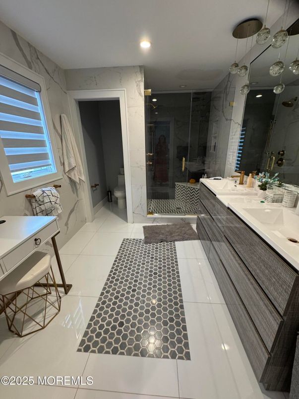 Bathroom, Glass Shower, Interior, Marble Walls, Recessed Lighting