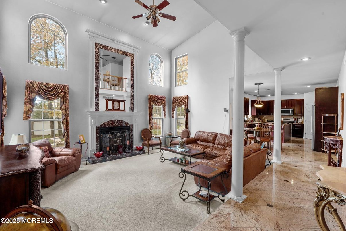 Fireplace, Interior, Kitchen, Living room, Pendant Lights, Recessed Lighting