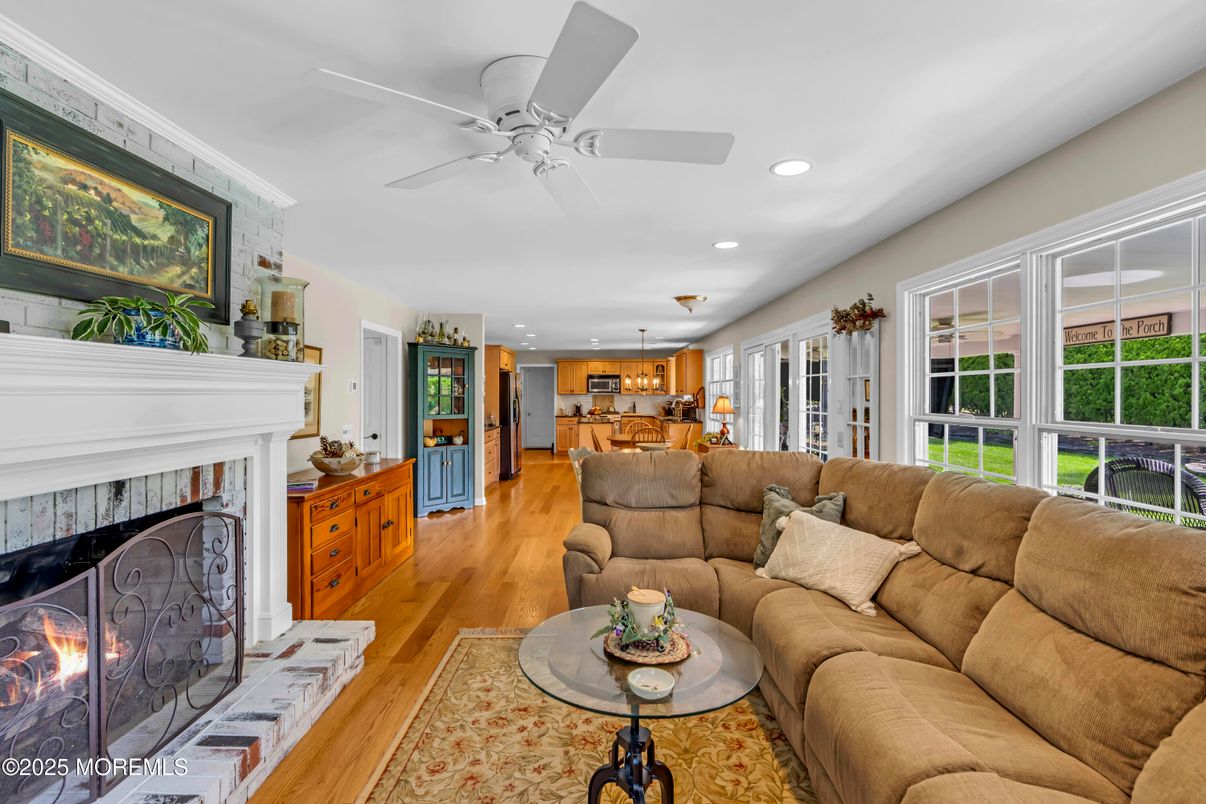 Fireplace, Interior, Kitchen, Living room, Recessed Lighting, Wood Texture Flooring