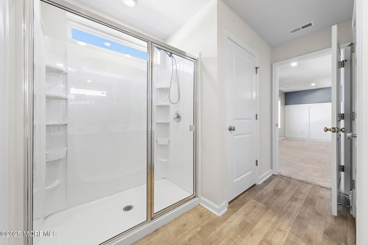 Bathroom, Glass Shower, Interior, Recessed Lighting, Wood Texture Flooring