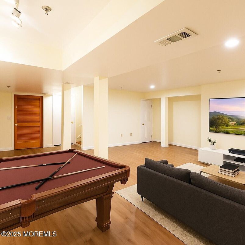 Billiard Table, Game Room, Interior, Living room, Recessed Lighting, Wood Texture Flooring
