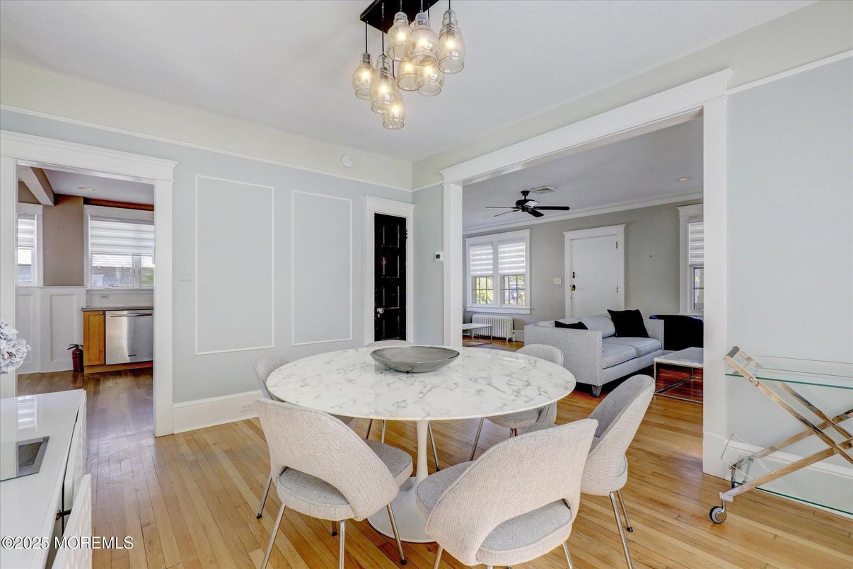 Dining room, Interior, Kitchen, Living room, Pendant Lights, Wood Texture Flooring