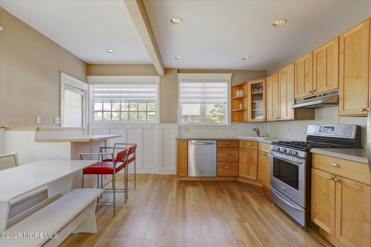 Interior, Kitchen, Recessed Lighting, Stainless Steel Appliances, Wood Texture Flooring