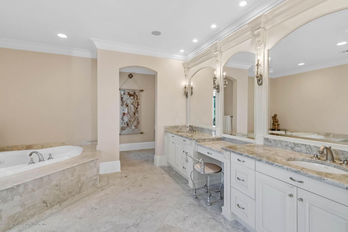 Bathroom, Dual Sink Vanities, Interior, Marble, Recessed Lighting