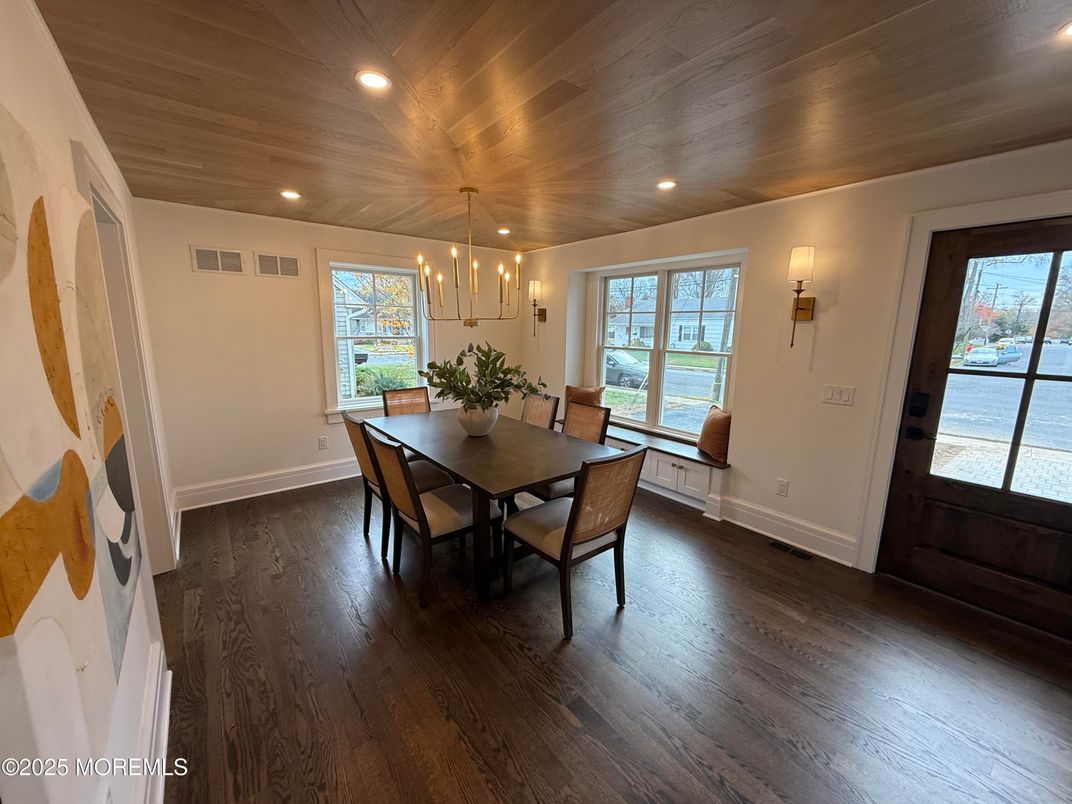 Dining room, Interior, Pendant Lights, Recessed Lighting, Wooden Ceilings, Wood Texture Flooring