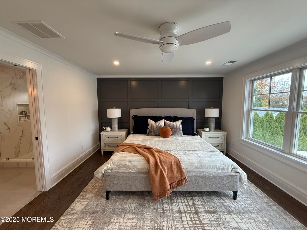 Bedroom, Interior, Recessed Lighting, Wood Texture Flooring