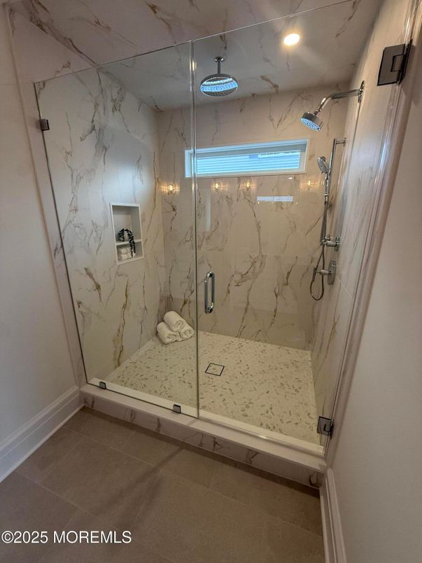 Bathroom, Glass Shower, Interior, Marble Walls, Recessed Lighting