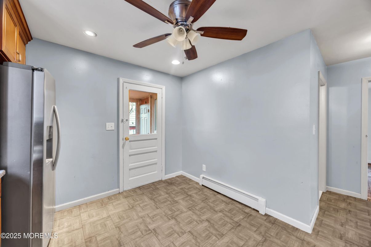 Empty room, Interior, Kitchen, Recessed Lighting, Wood Texture Flooring