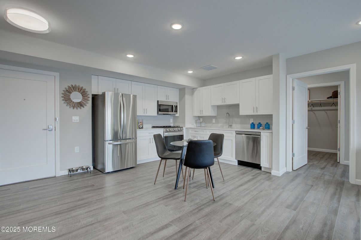 Interior, Kitchen, Recessed Lighting, Stainless Steel Appliances, Wood Texture Flooring