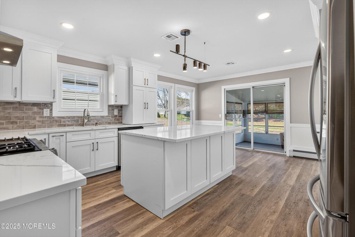 Interior, Kitchen, Pendant Lights, Recessed Lighting, Wood Texture Flooring