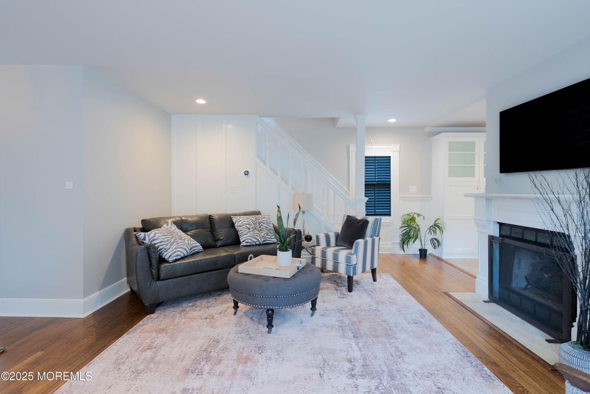 Fireplace, Interior, Living room, Recessed Lighting, Wood Texture Flooring