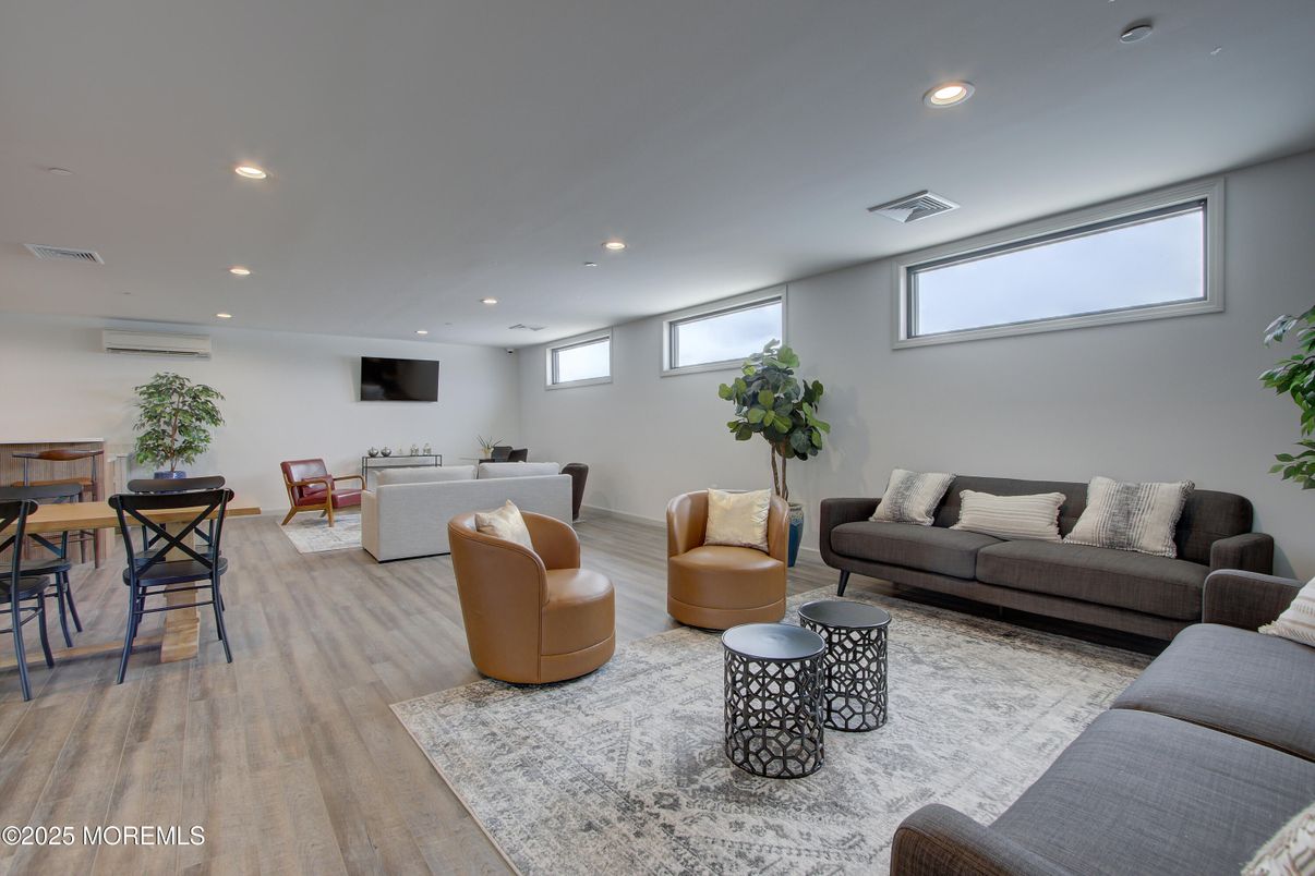 Dining room, Interior, Living room, Recessed Lighting, Wood Texture Flooring